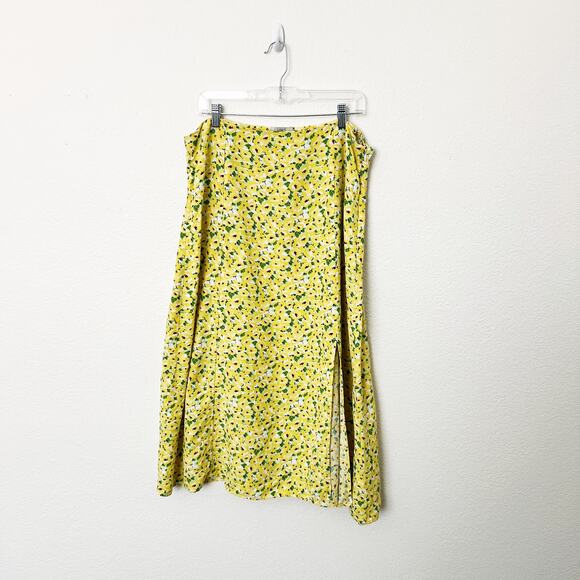 [LOFT] Yellow Floral Print Linen Blend High Waist Side Slit Midi Skirt Size 14 - Picture 2 of 12